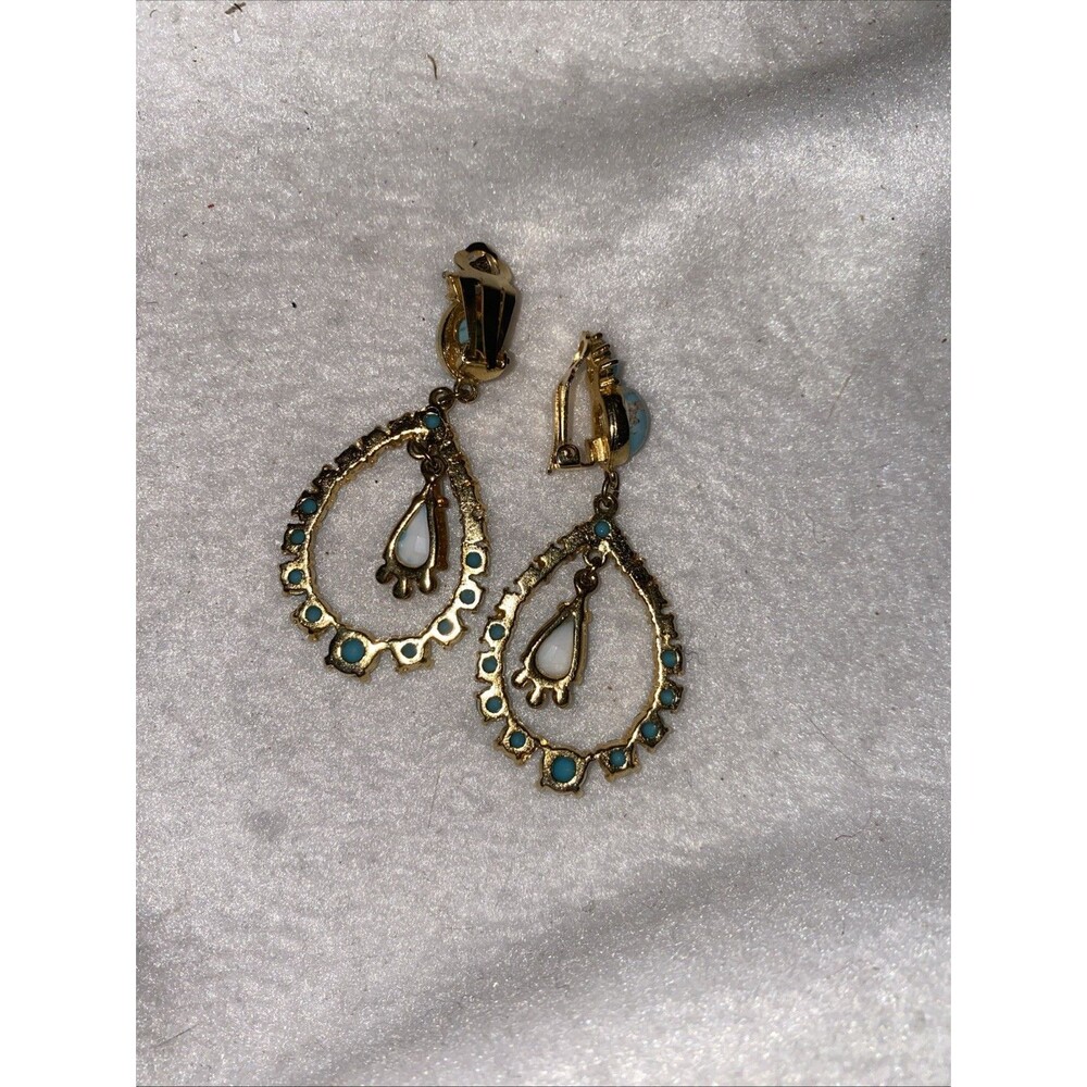 Vintage Beautiful Fashion Vintage Large Turquoise Dangle Clip Earrings Circle - Picture 4 of 5